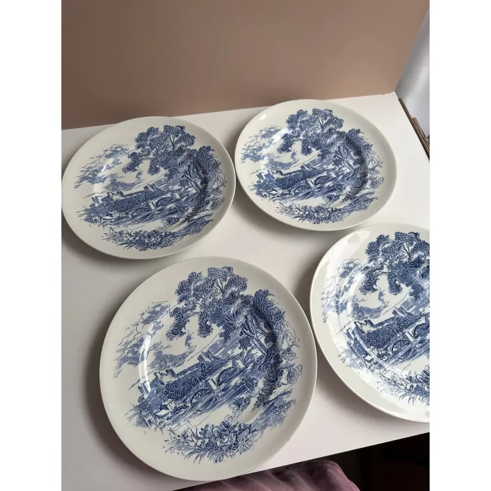 Vintage Wedgwood Dinner Plates Set of 4 Blue Transferware 
